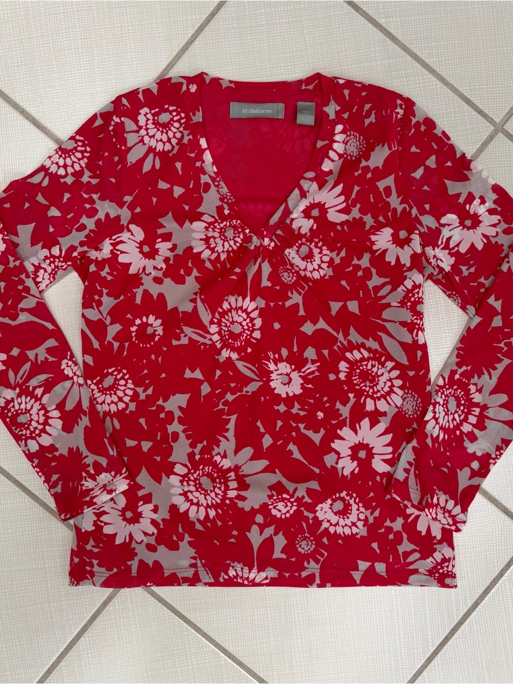 Liz Claiborne Red and Gray Floral V-Neck Blouse